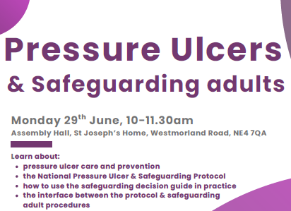 Purple wording on white background - Pressure Ulcers and safeguarding adults. Information included within news article.